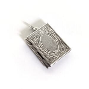 Vintage Estate Silver Tone Square Book Victorian Style Pendant Necklace Locket